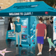 Graphic rendering of CRAVE vending machine on busy sidewalk